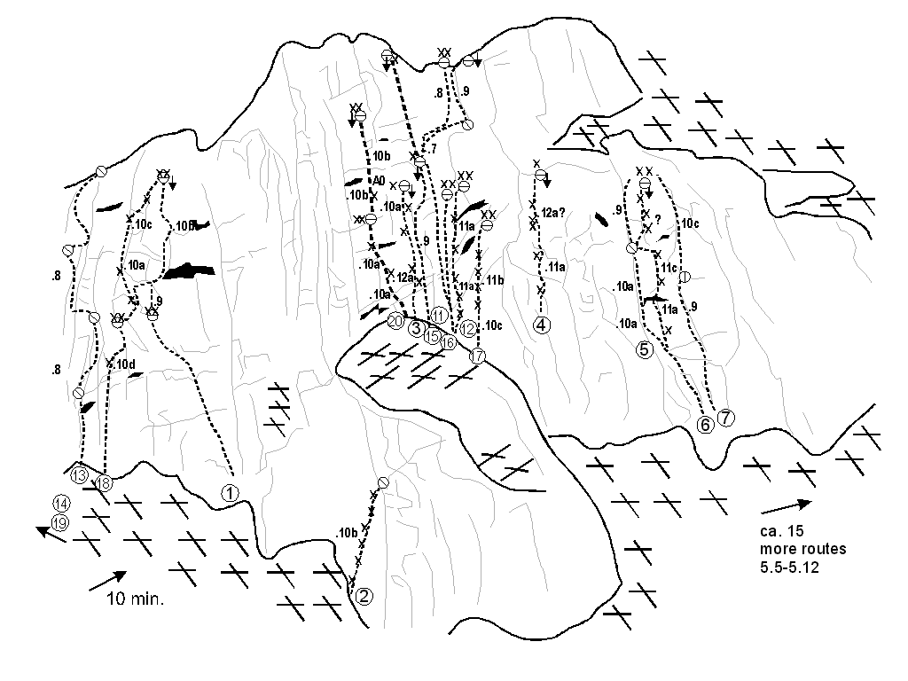 Escalada en el acantilado derecho
de Las Melosas, dibujo: M.Waldhoer